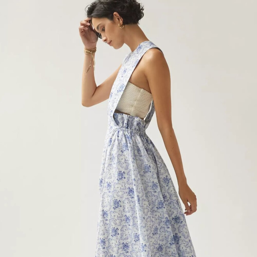 Selkie pinafore printed midi dress, blue motif